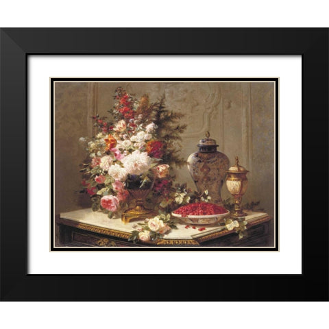 Floral composition on a table (detail) Black Modern Wood Framed Art Print with Double Matting by Robie, Jean-Baptiste