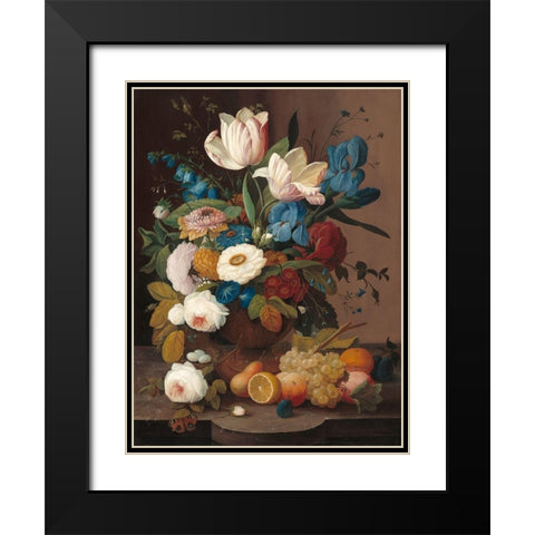 Still Life, Flowers, and Fruit Black Modern Wood Framed Art Print with Double Matting by Severin, Roesen