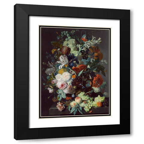 Still Life with Flowers and Fruit Black Modern Wood Framed Art Print with Double Matting by Jan, van Huysum