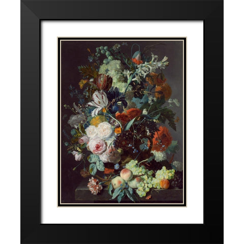 Still Life with Flowers and Fruit Black Modern Wood Framed Art Print with Double Matting by Jan, van Huysum
