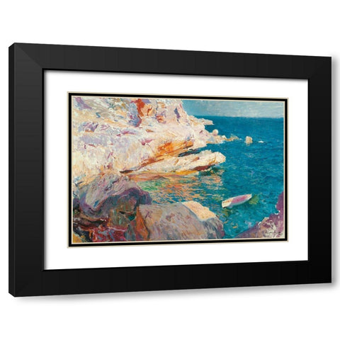 Rock at Javea and the White Boat  Black Modern Wood Framed Art Print with Double Matting by Bastida, Joaquin Sorolla y