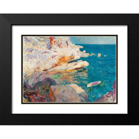 Rock at Javea and the White Boat  Black Modern Wood Framed Art Print with Double Matting by Bastida, Joaquin Sorolla y
