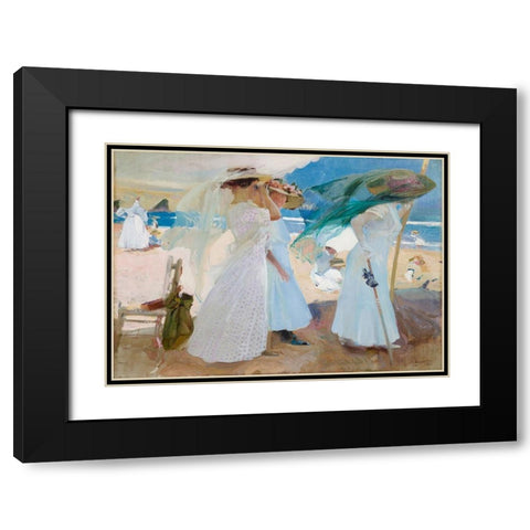 Under the Awning- Zarauz Black Modern Wood Framed Art Print with Double Matting by Bastida, Joaquin Sorolla y