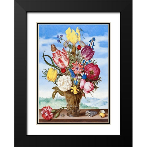 Bouquet of Flowers on a Ledge Black Modern Wood Framed Art Print with Double Matting by Bosschaert, Ambrosius the Elder