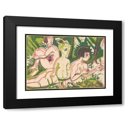Nude Women with a Child in the Forest Black Modern Wood Framed Art Print with Double Matting by Kirchner, Ernst Ludwig