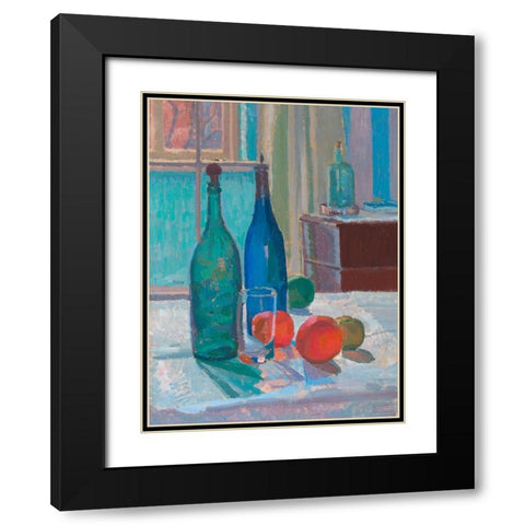 Blue and Green Bottles and Oranges Black Modern Wood Framed Art Print with Double Matting by Gore, Spencer Frederick