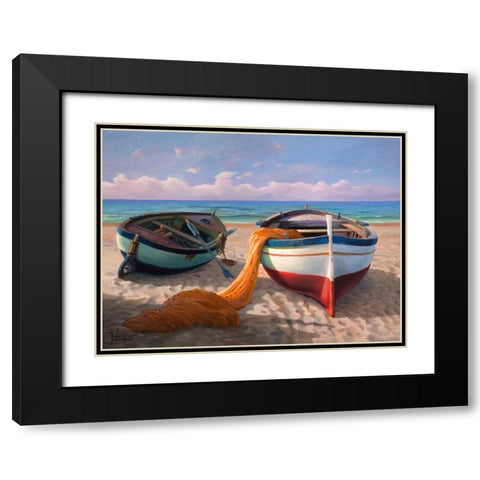 Barche sulla spiaggia Black Modern Wood Framed Art Print with Double Matting by Galasso, Adriano