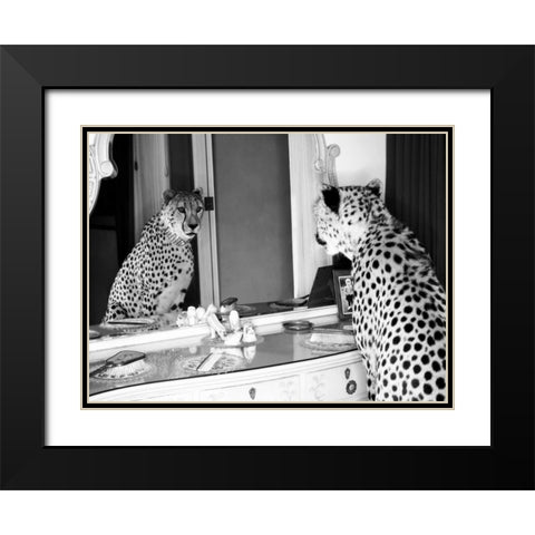 Cheetah looking in mirror Black Modern Wood Framed Art Print with Double Matting by Rian, Emma
