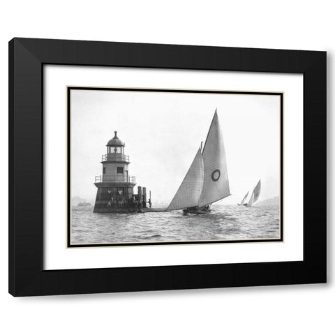 Sloop and Channel Pile Light on Sydney Harbour Black Modern Wood Framed Art Print with Double Matting by Anonymous