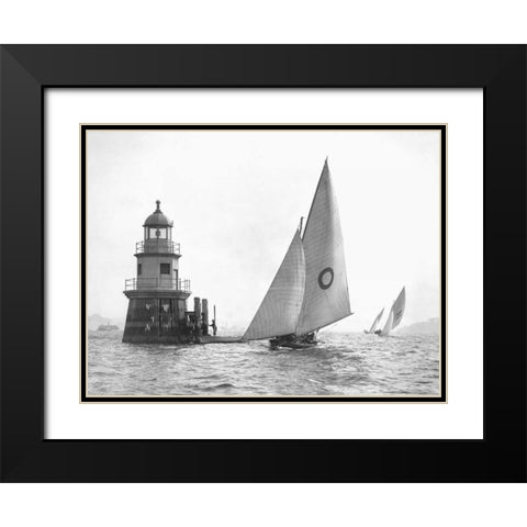 Sloop and Channel Pile Light on Sydney Harbour Black Modern Wood Framed Art Print with Double Matting by Anonymous
