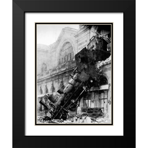 Train wreck at Montparnasse, Paris, 1895 Black Modern Wood Framed Art Print with Double Matting by Anonymous