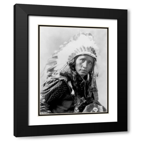 Indian wearing White War Bonnet- 1900 Black Modern Wood Framed Art Print with Double Matting by Anonymous