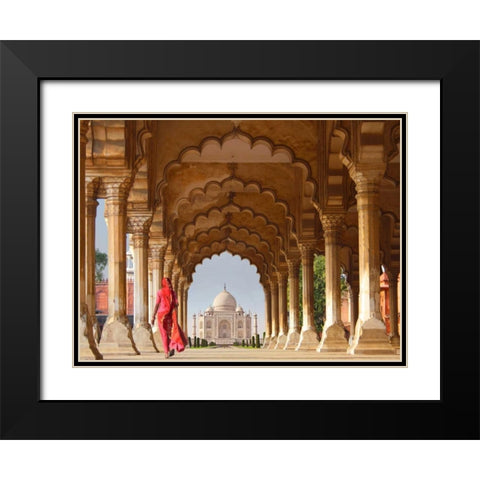 Woman in traditional Sari walking towards Taj Mahal Black Modern Wood Framed Art Print with Double Matting by Pangea Images