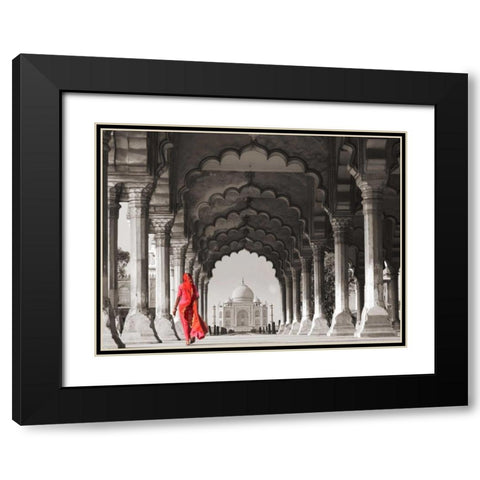 Woman in traditional Sari walking towards Taj Mahal Black Modern Wood Framed Art Print with Double Matting by Pangea Images