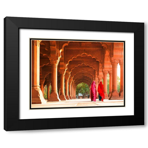 Women in traditional dress- India Black Modern Wood Framed Art Print with Double Matting by Pangea Images