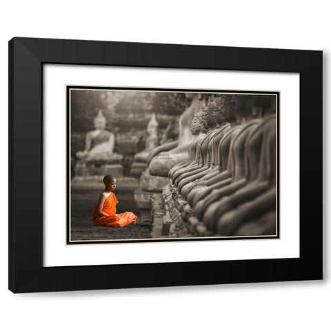 Young Buddhist Monk praying, Thailand (BW) Black Modern Wood Framed Art Print with Double Matting by Pangea Images