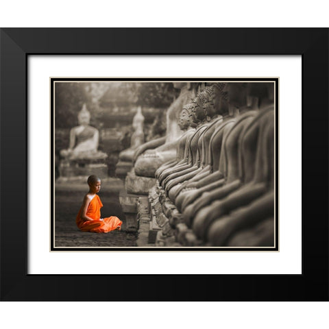 Young Buddhist Monk praying, Thailand (BW) Black Modern Wood Framed Art Print with Double Matting by Pangea Images
