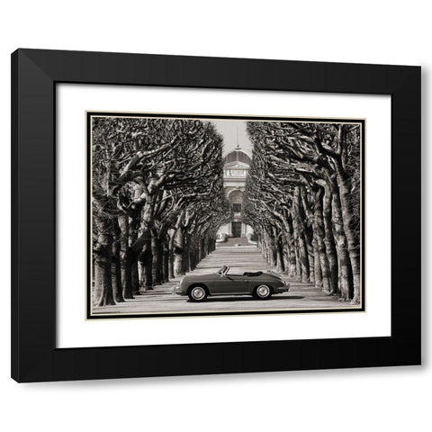 Roadster in tree lined road, Paris (BW) Black Modern Wood Framed Art Print with Double Matting by Gasoline Images