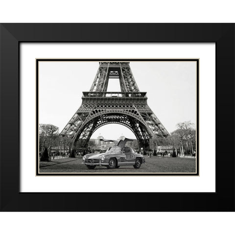 Roadster under the Eiffel Tower - BW Black Modern Wood Framed Art Print with Double Matting by Gasoline Images