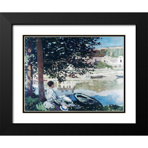 On the Seine at Bennecourt Black Modern Wood Framed Art Print with Double Matting by Monet, Claude