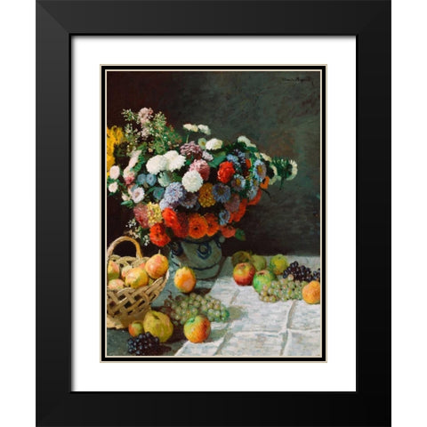 Still life with flowers and fruit Black Modern Wood Framed Art Print with Double Matting by Monet, Claude
