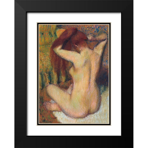 Woman Combing her Hair Black Modern Wood Framed Art Print with Double Matting by Degas, Edgar