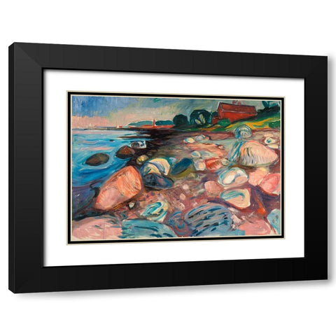 Shore with Red House Black Modern Wood Framed Art Print with Double Matting by Munch, Edvard