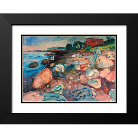 Shore with Red House Black Modern Wood Framed Art Print with Double Matting by Munch, Edvard
