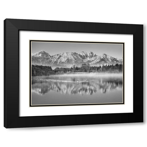 Allgaeu Alps and Hopfensee lake, Bavaria, Germany (BW) Black Modern Wood Framed Art Print with Double Matting by Frank, Krahmer