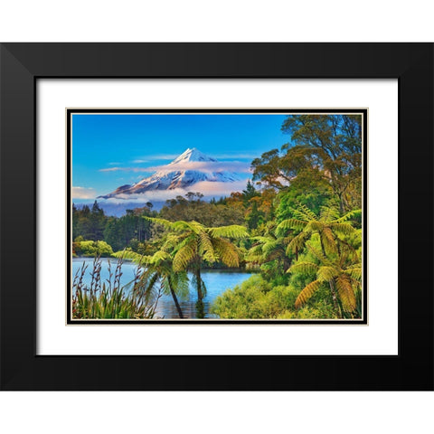 Taranaki Mountain and Lake Mangamahoe- New Zealand Black Modern Wood Framed Art Print with Double Matting by Krahmer, Frank