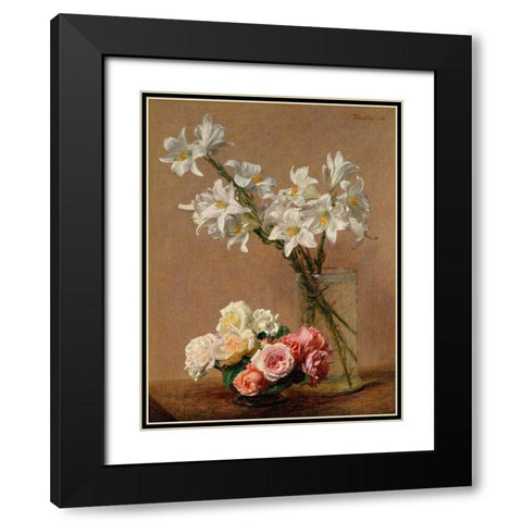 Roses and Lilies Black Modern Wood Framed Art Print with Double Matting by Fantin-Latour, Henri