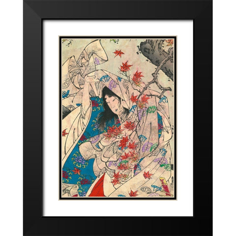 Maple leaf gathering Black Modern Wood Framed Art Print with Double Matting by Yoshitoshi, Tsukioka