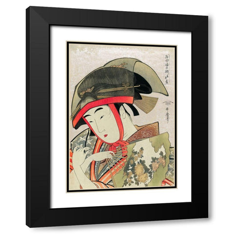 Woman holding a fan wearing a traditional transparent hat Black Modern Wood Framed Art Print with Double Matting by Kitagawa, Utamaro