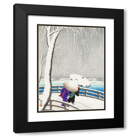 Two women in the snow on Yanagi Bridge Black Modern Wood Framed Art Print with Double Matting by Koson, Ohara