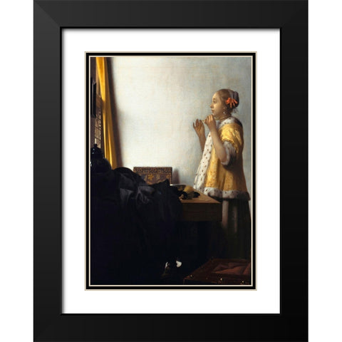 Woman with a Pearl Necklace - detail Black Modern Wood Framed Art Print with Double Matting by Vermeer, Jan