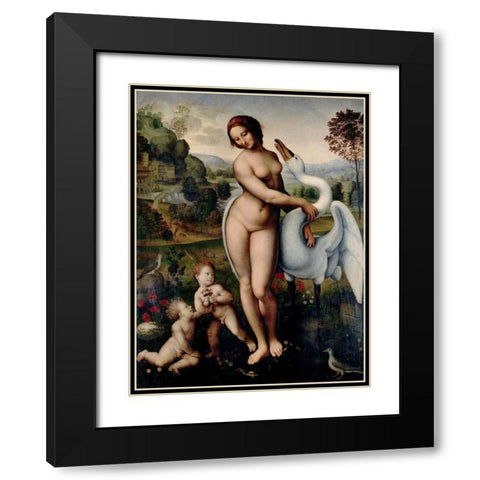 Leda and the Swan  Black Modern Wood Framed Art Print with Double Matting by After Leonardo Da Vinci