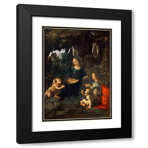 Vergine delle Rocce Black Modern Wood Framed Art Print with Double Matting by Leonardo, da Vinci