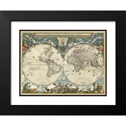 Nova et accuratissima totius terrarum orbis tabula 1664 Black Modern Wood Framed Art Print with Double Matting by Blaeu, Jan