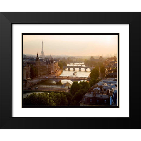Bridges over the Seine river, Paris Black Modern Wood Framed Art Print with Double Matting by Setboun, Michel