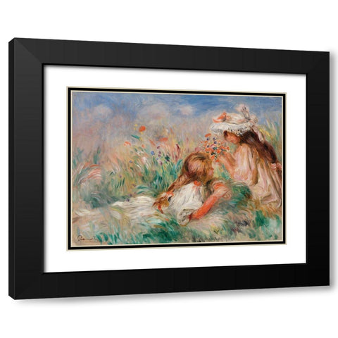 Girls in the Grass Arranging a Bouquet Black Modern Wood Framed Art Print with Double Matting by Renoir, Pierre-Auguste