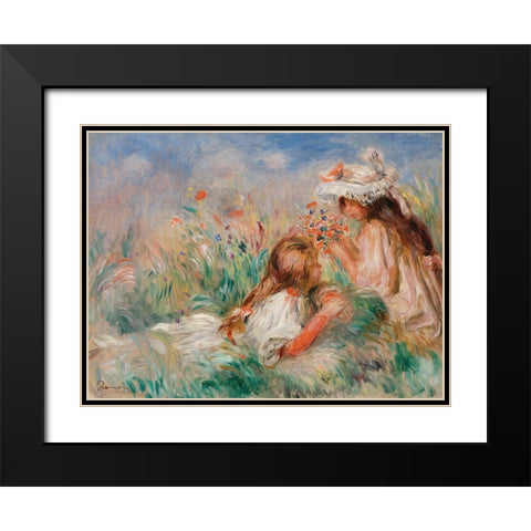 Girls in the Grass Arranging a Bouquet Black Modern Wood Framed Art Print with Double Matting by Renoir, Pierre-Auguste