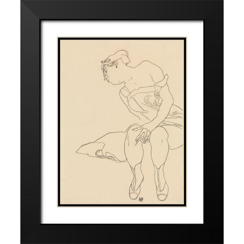 Seated Woman Black Modern Wood Framed Art Print with Double Matting by Schiele, Egon