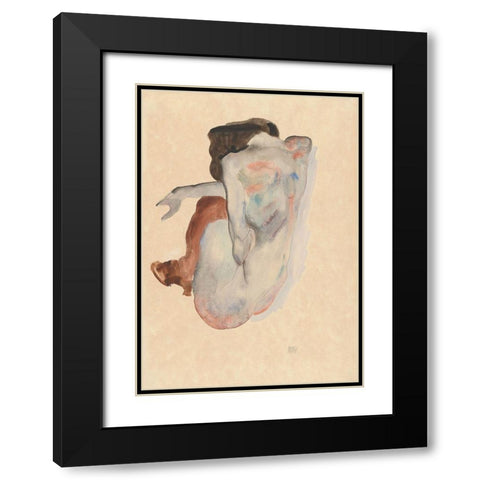 Crouching Nude in Shoes and Black Stockings-Back View Black Modern Wood Framed Art Print with Double Matting by Schiele, Egon