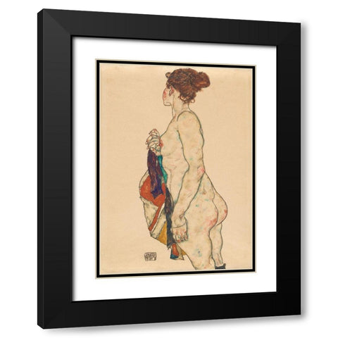 Standing Nude with a Patterned Robe Black Modern Wood Framed Art Print with Double Matting by Schiele, Egon