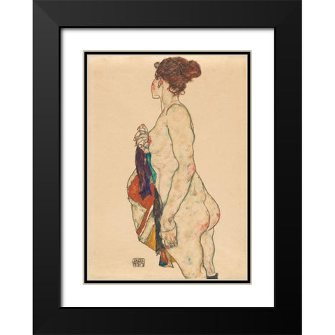 Standing Nude with a Patterned Robe Black Modern Wood Framed Art Print with Double Matting by Schiele, Egon