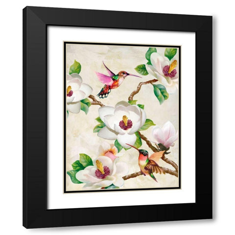 Magnolia and Humming Birds Black Modern Wood Framed Art Print with Double Matting by Wang, Terry