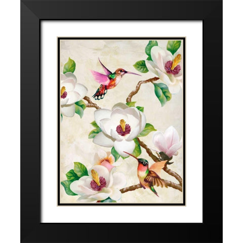 Magnolia and Humming Birds Black Modern Wood Framed Art Print with Double Matting by Wang, Terry