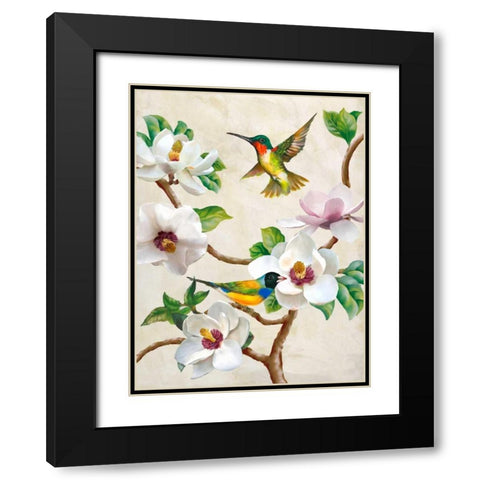 Magnolia and Birds Black Modern Wood Framed Art Print with Double Matting by Wang, Terry