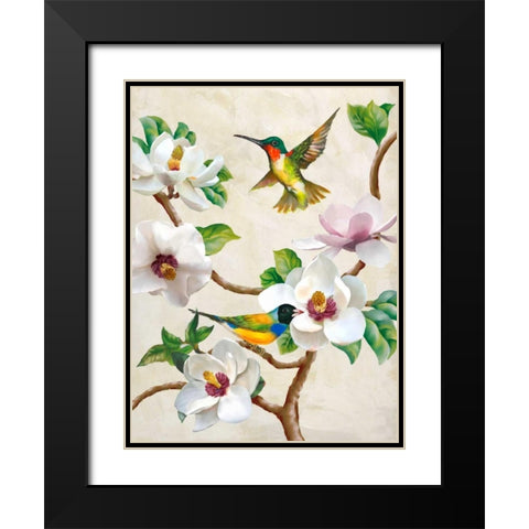 Magnolia and Birds Black Modern Wood Framed Art Print with Double Matting by Wang, Terry