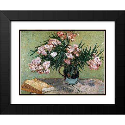 Vase with Oleanders and Books Black Modern Wood Framed Art Print with Double Matting by van Gogh, Vincent